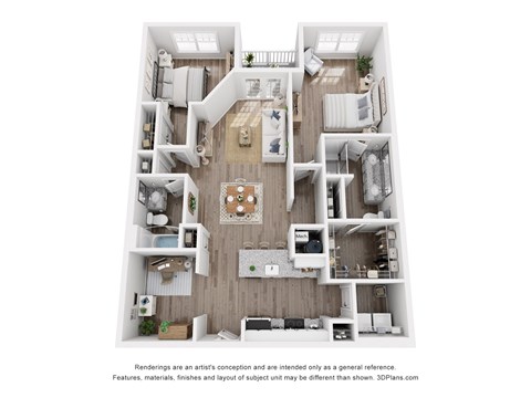 Floor plan for 2 beds, 2 baths, 1293 sqft